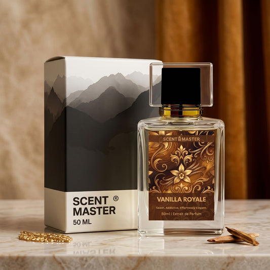 Vanilla Royale by Scent Master premium sweet vanilla perfume bottle and packaging with warm amber fragrance profile for men and women in Pakistan.