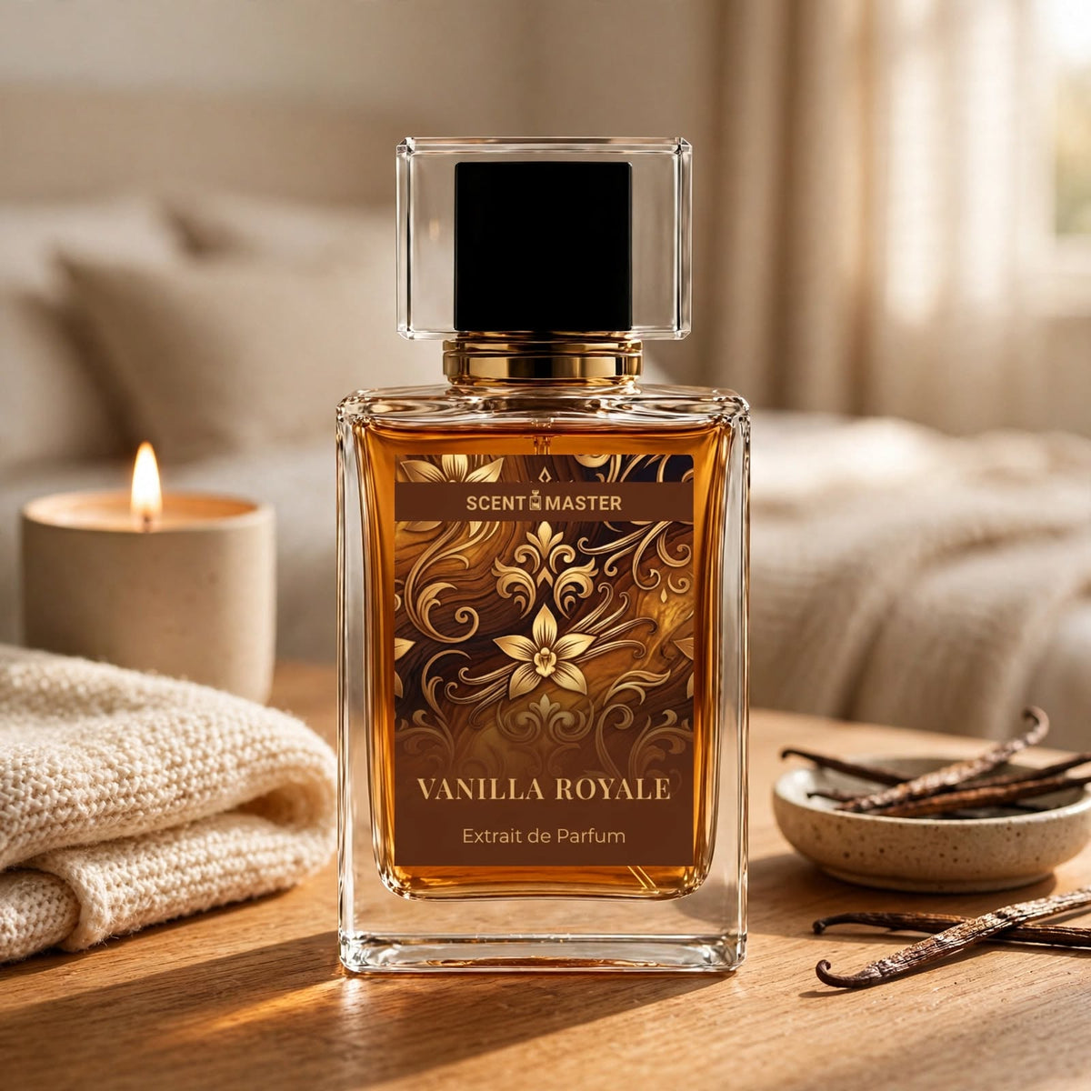 Vanilla Royale perfume styled in a warm lifestyle setting