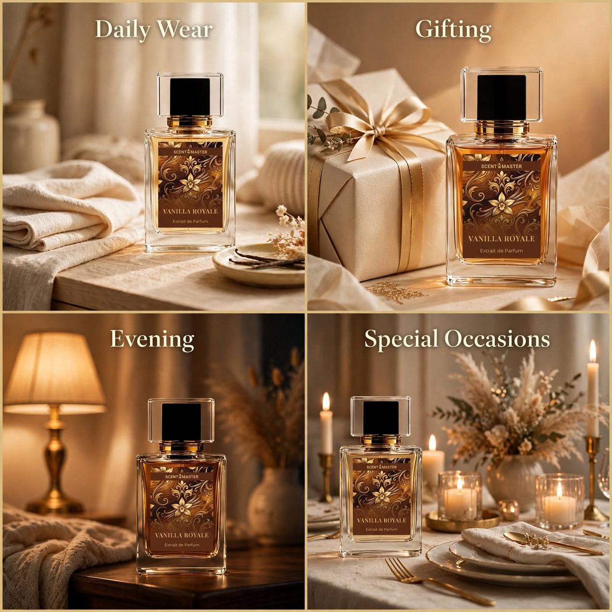 Vanilla Royale perfume shown across daily wear, gifting and evening occasions