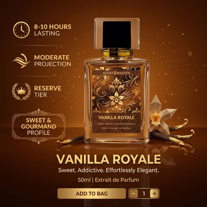 Vanilla Royale performance infographic showing 8 to 10 hours longevity moderate projection reserve tier sweet vanilla amber fragrance.