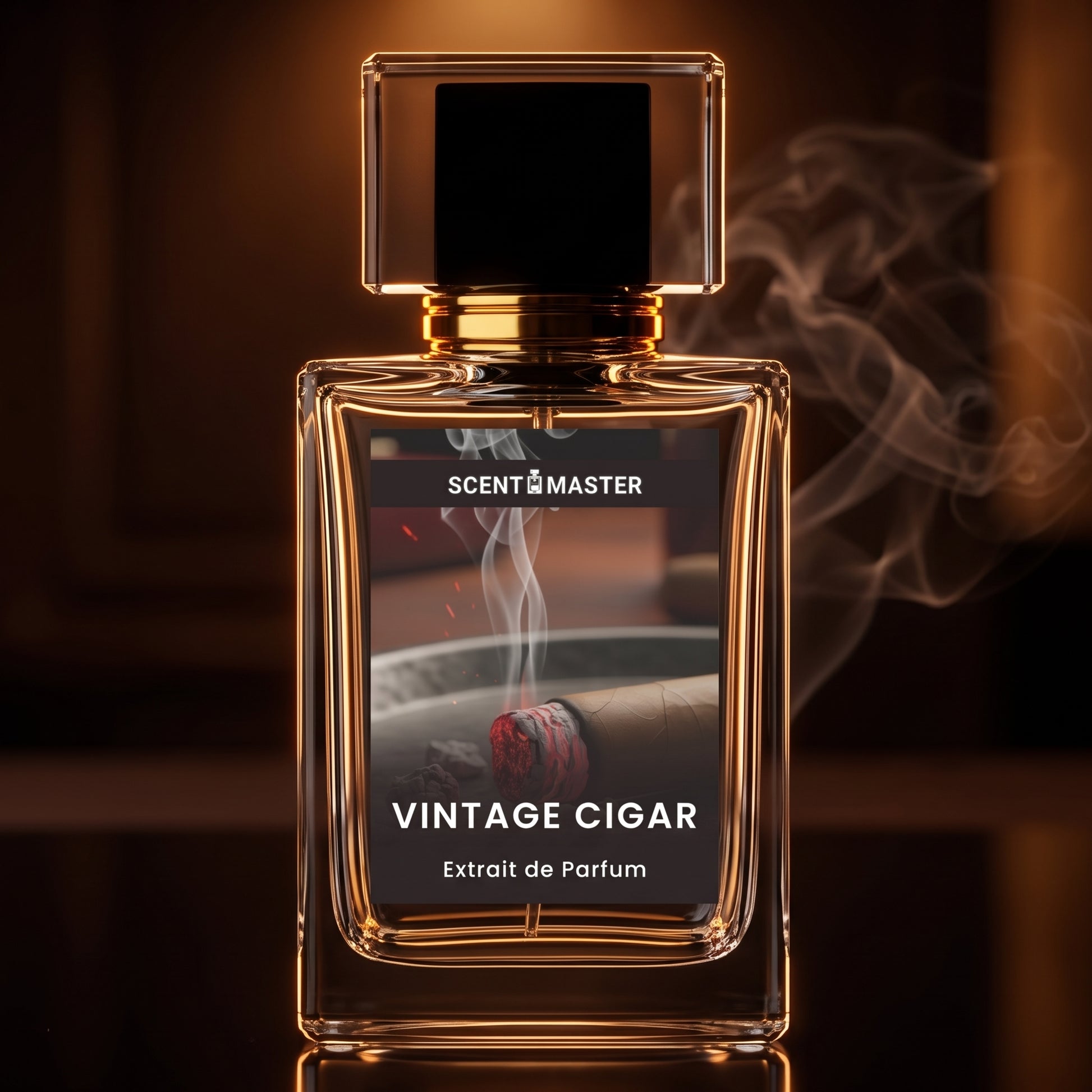 Cinematic product shot of the uploaded Vintage Cigar bottle on a dark reflective surface in a dimly lit, warmly toned room, with soft amber rim lighting outlining the bottle's edges. Shallow depth of field, dramatic yet elegant mood, subtle smoke wisps softly blurred in the background, luxury advertising photography style, sharp focus on the bottle, 1:1 aspect ratio.