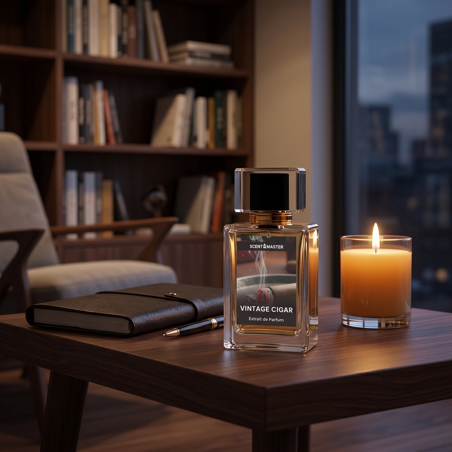 Vintage Cigar perfume in a warm evening lifestyle setting