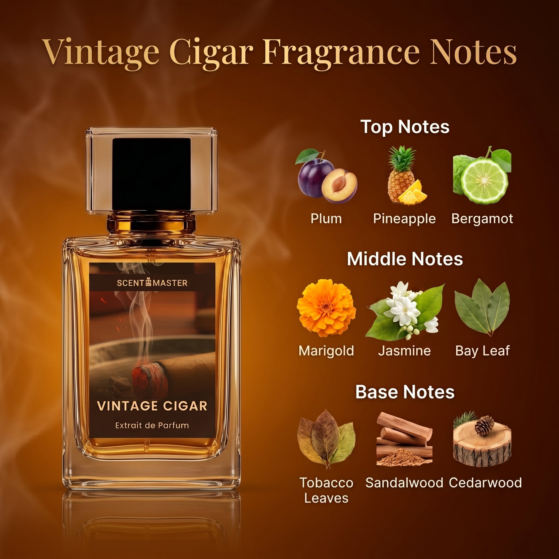 Vintage Cigar fragrance notes infographic by Scent Master