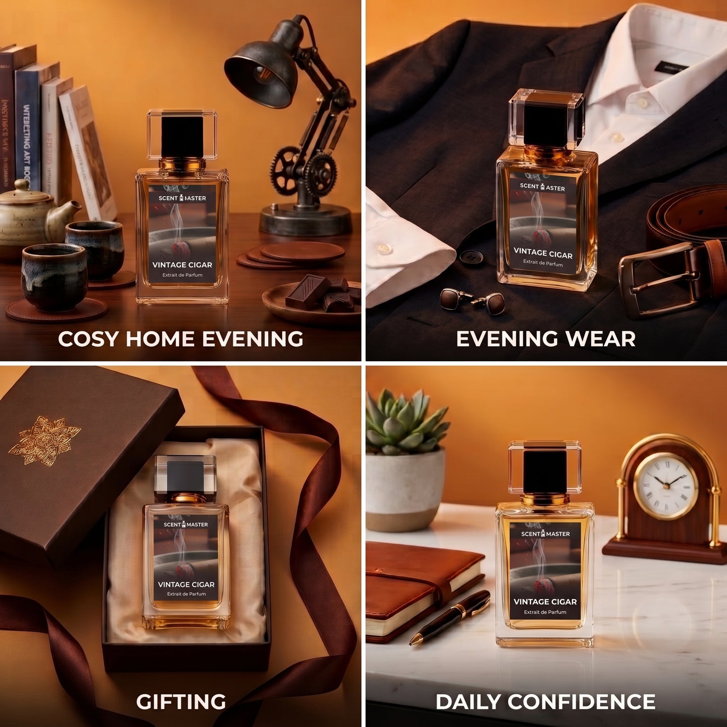 Vintage Cigar perfume shown across date night, evening, gifting, and daily occasions