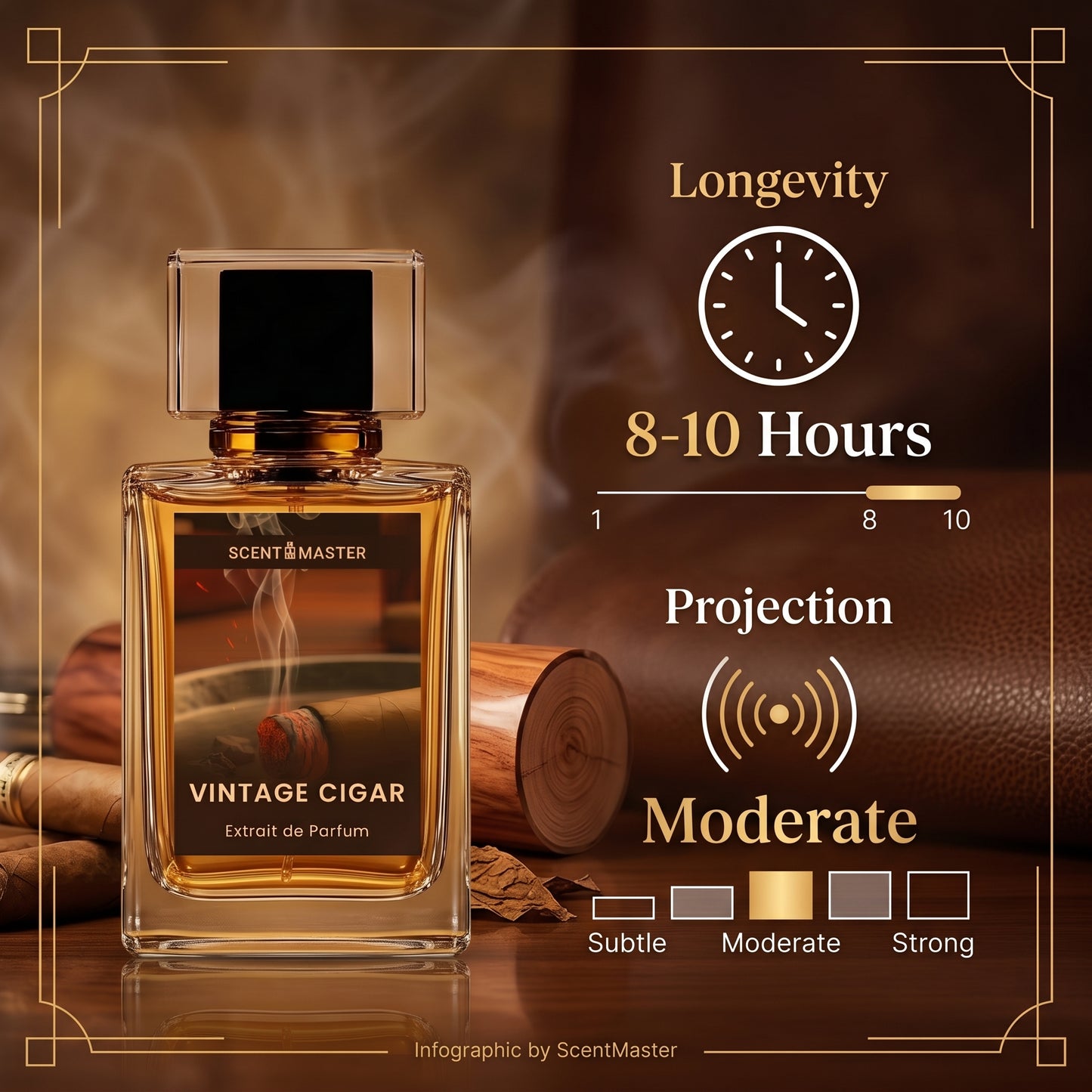 Vintage Cigar perfume performance infographic showing longevity and projection