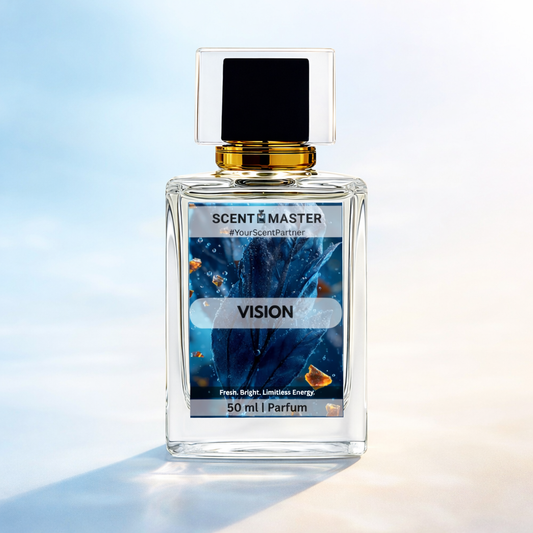 Perfume bottle labeled 'Vision' by Scent Master on a gradient blue and beige background