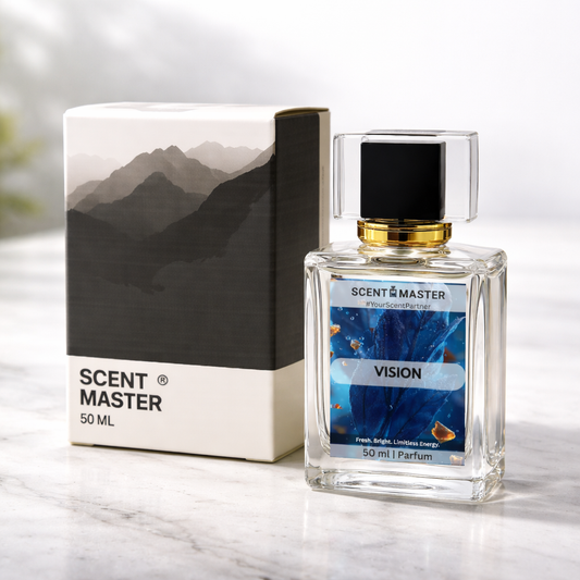 Scent Master Vision perfume bottle and packaging on a marble surface with mountain background