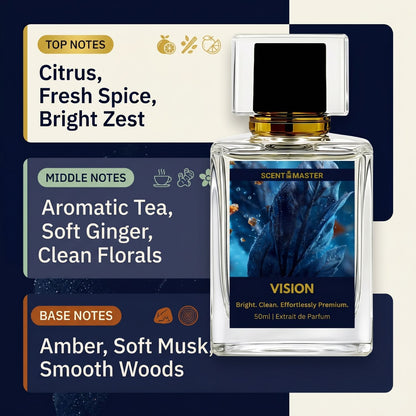 Vision by Scent Master notes infographic showing citrus, fresh spice, aromatic tea, soft musk and smooth woods