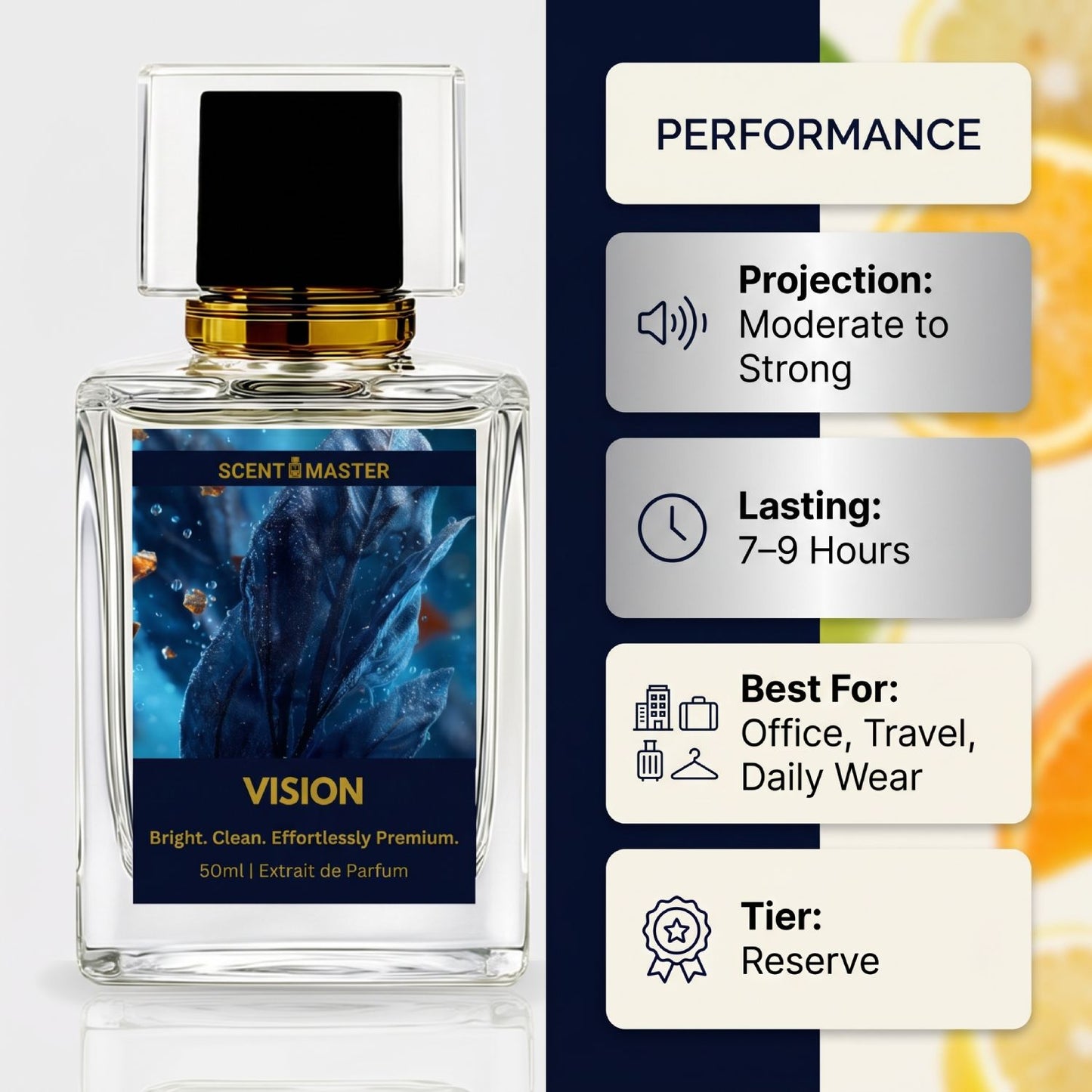 Vision by Scent Master performance infographic showing moderate to strong projection and 7 to 9 hours lasting
