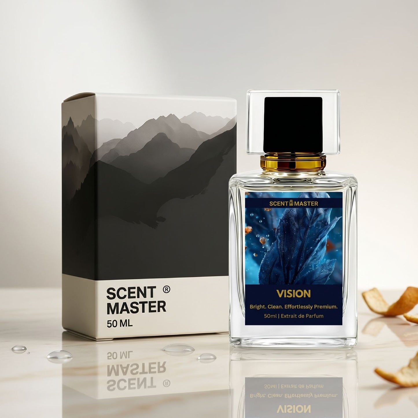 Vision by Scent Master Reserve perfume bottle with packaging box for a premium fresh unisex fragrance