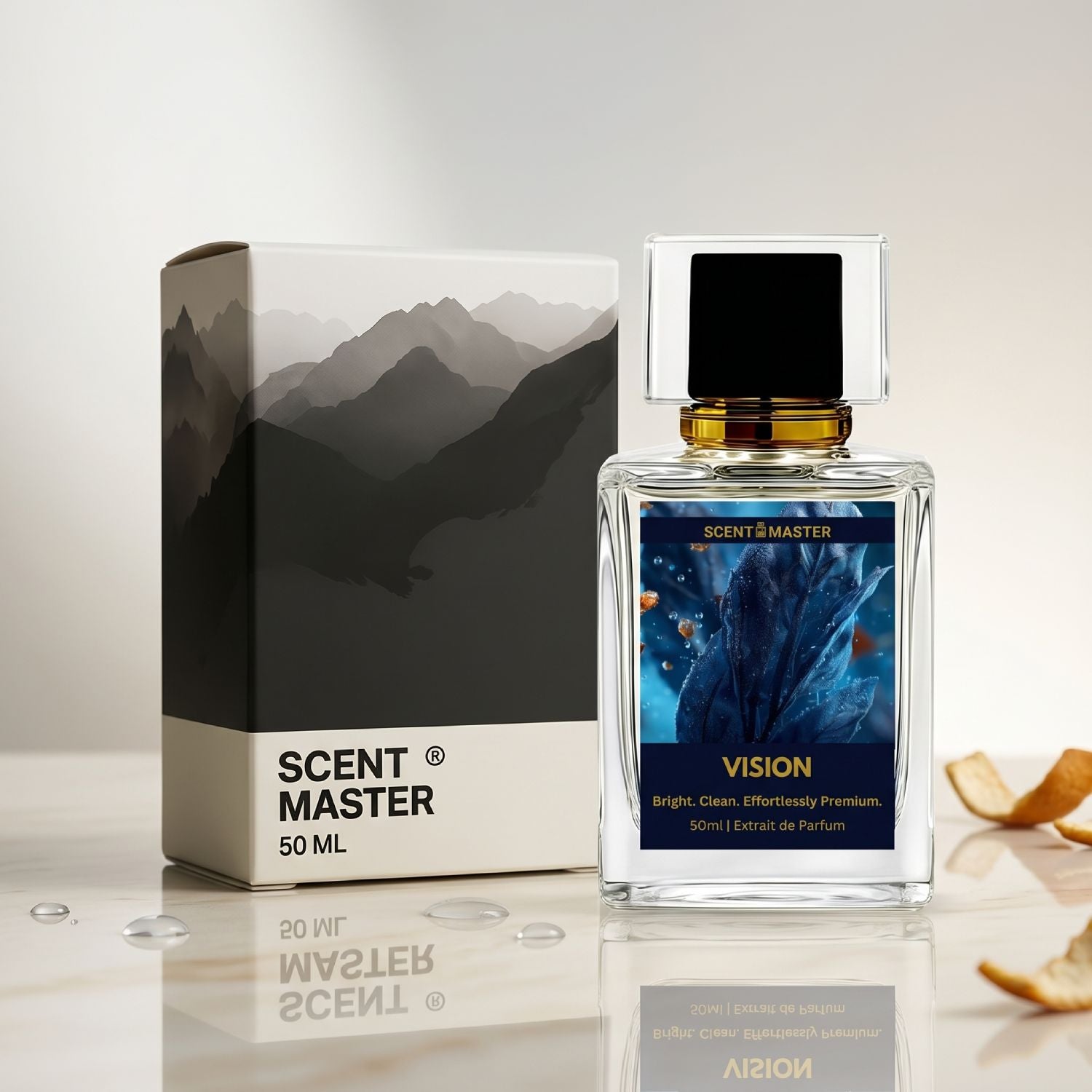 Vision by Scent Master Reserve perfume bottle with packaging box for a premium fresh unisex fragrance