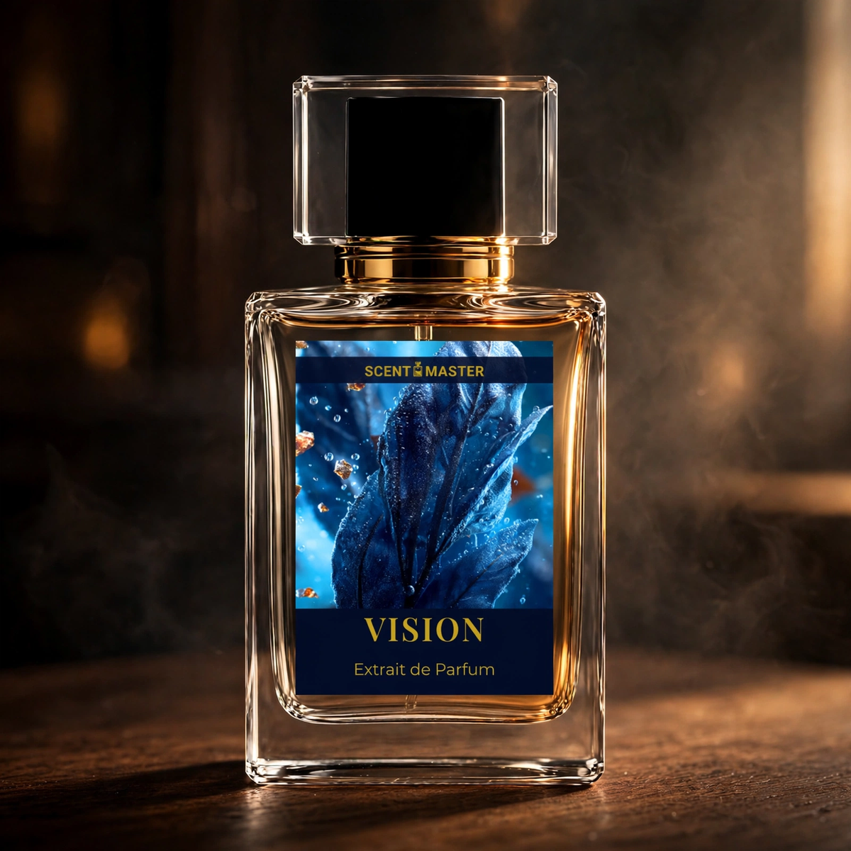 Vision perfume cinematic product shot with dramatic amber lighting