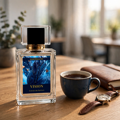 Vision perfume styled in a bright office lifestyle setting