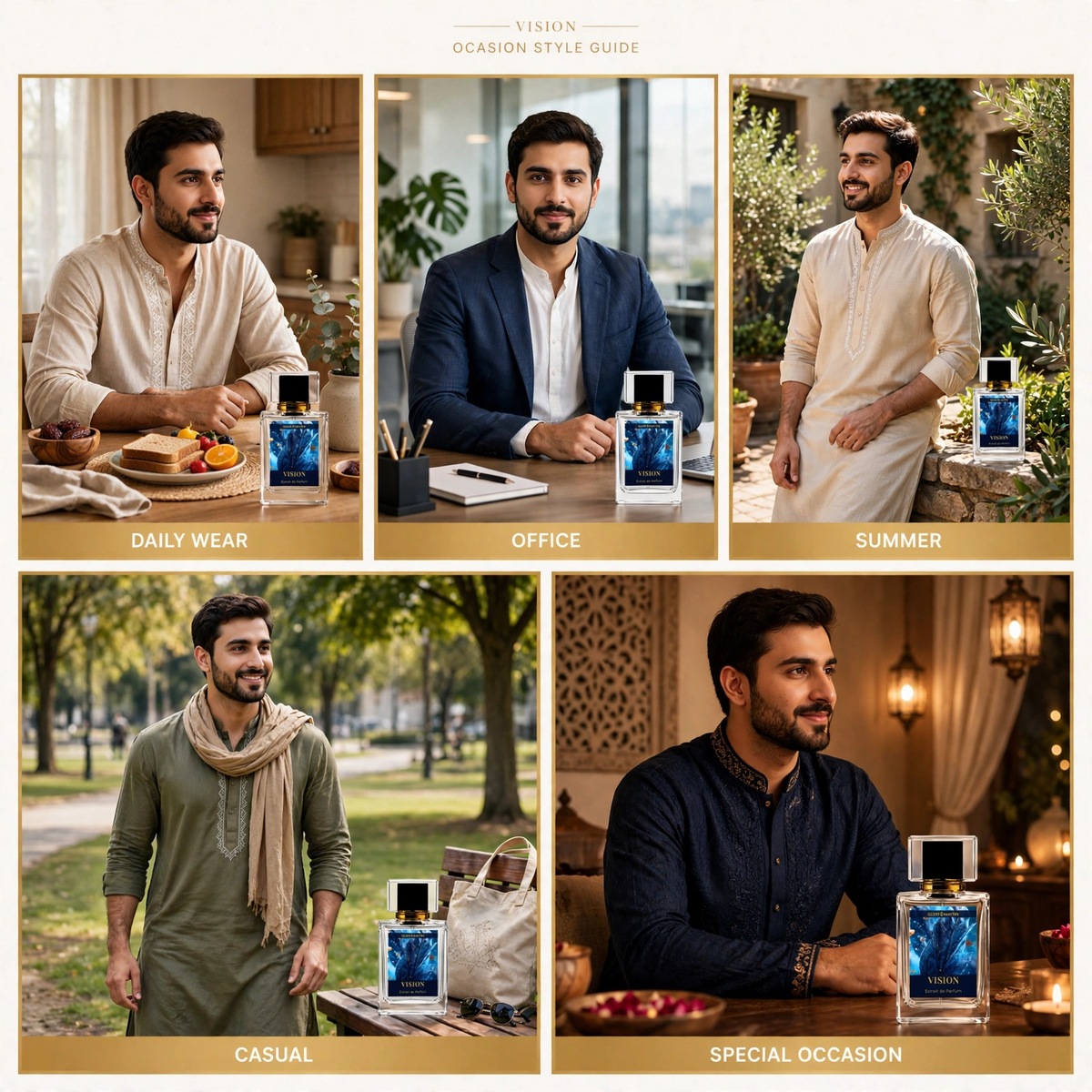 Vision perfume occasion split layout showing a man in daily, office, summer, casual, and special occasion settings