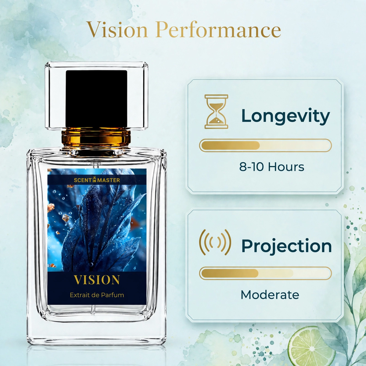 Vision perfume occasion split layout showing a man in daily, office, summer, casual, and special occasion settings