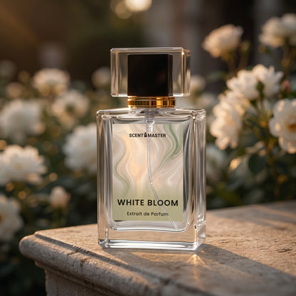 Cinematic photo of White Bloom perfume bottle at golden hour
