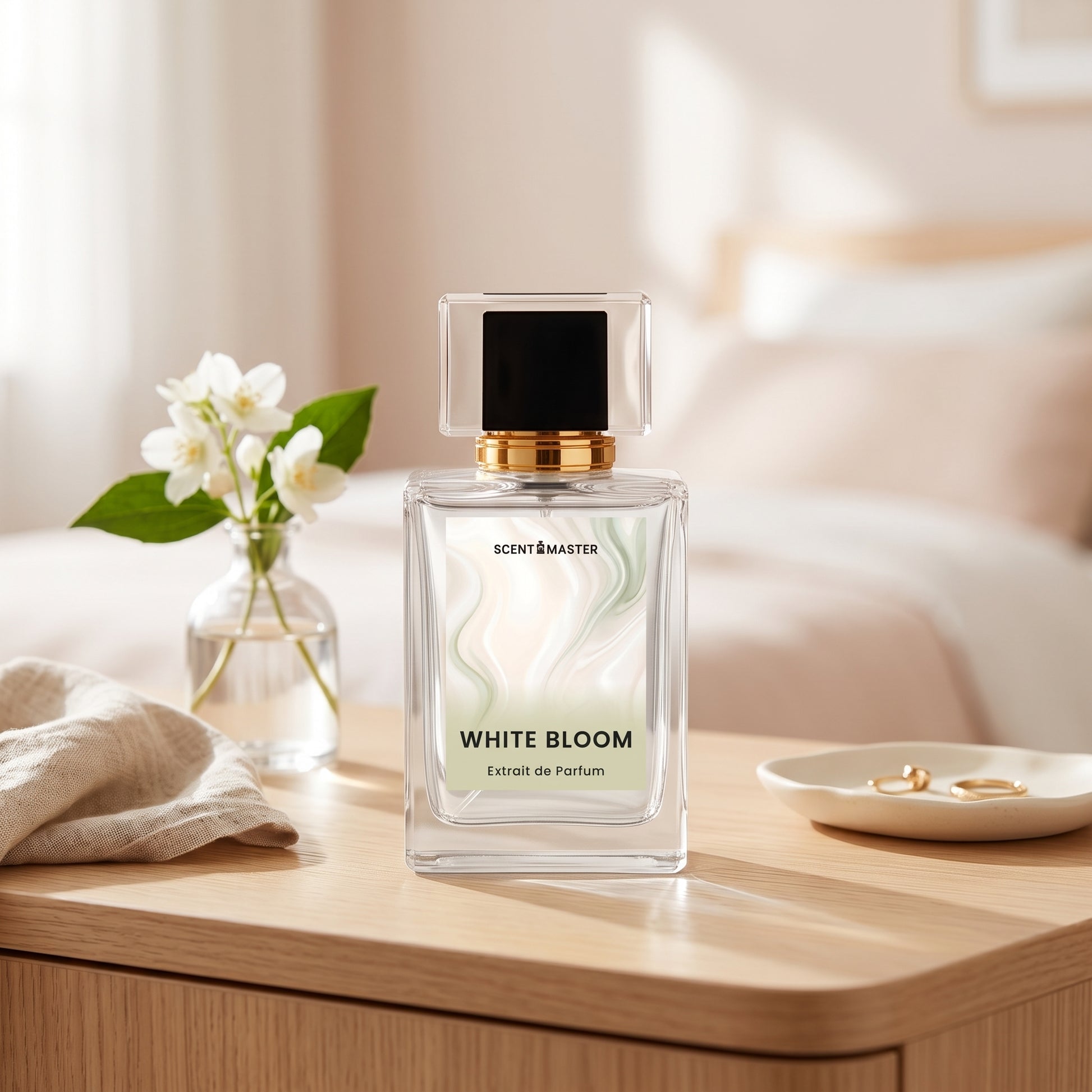 White Bloom perfume in a bright bedroom lifestyle setting