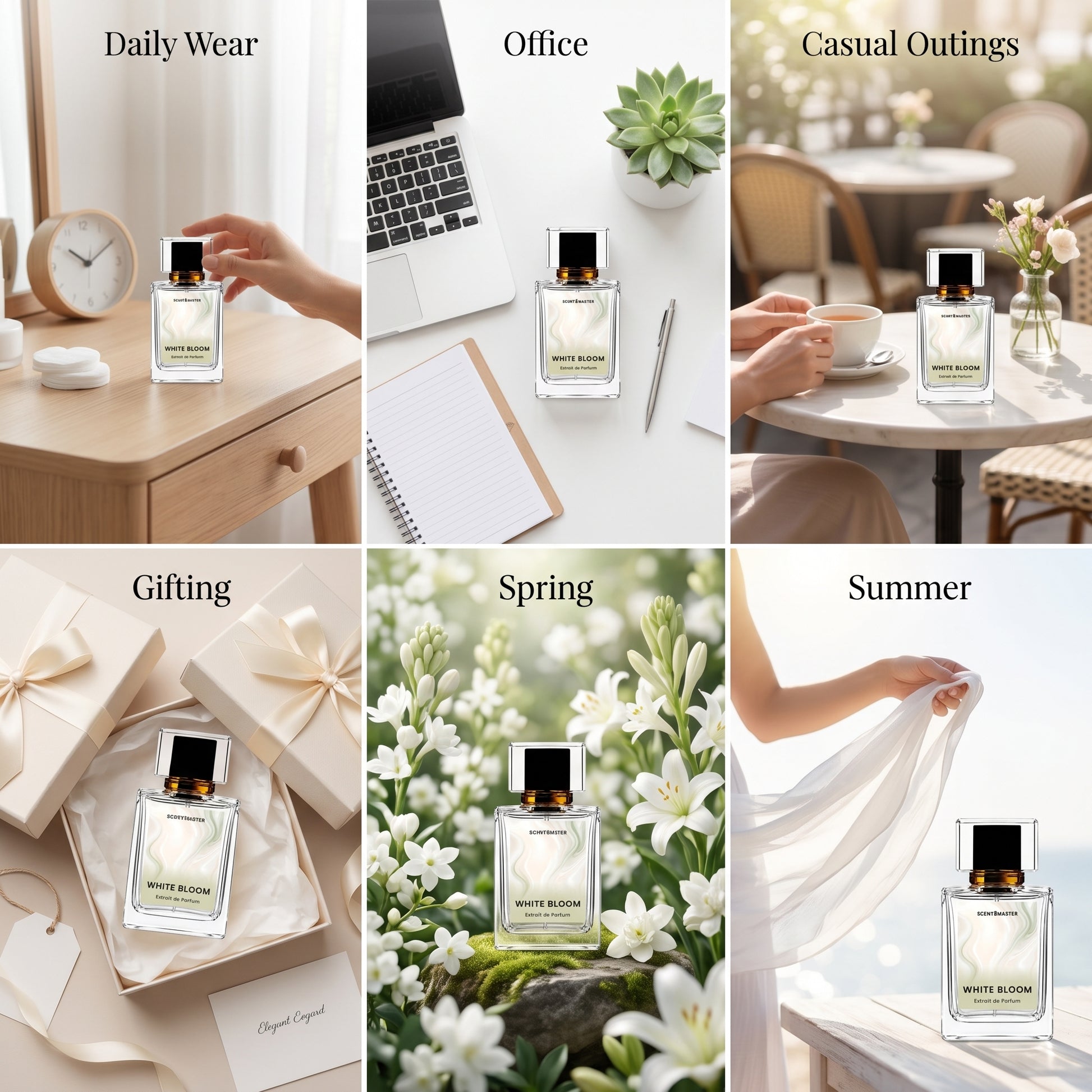 White Bloom perfume occasion split layout showing daily, office, gifting, and seasonal use