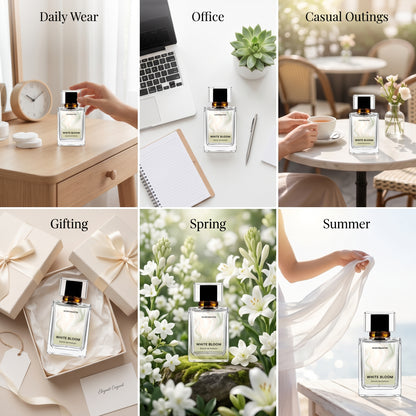 White Bloom perfume occasion split layout showing daily, office, gifting, and seasonal use