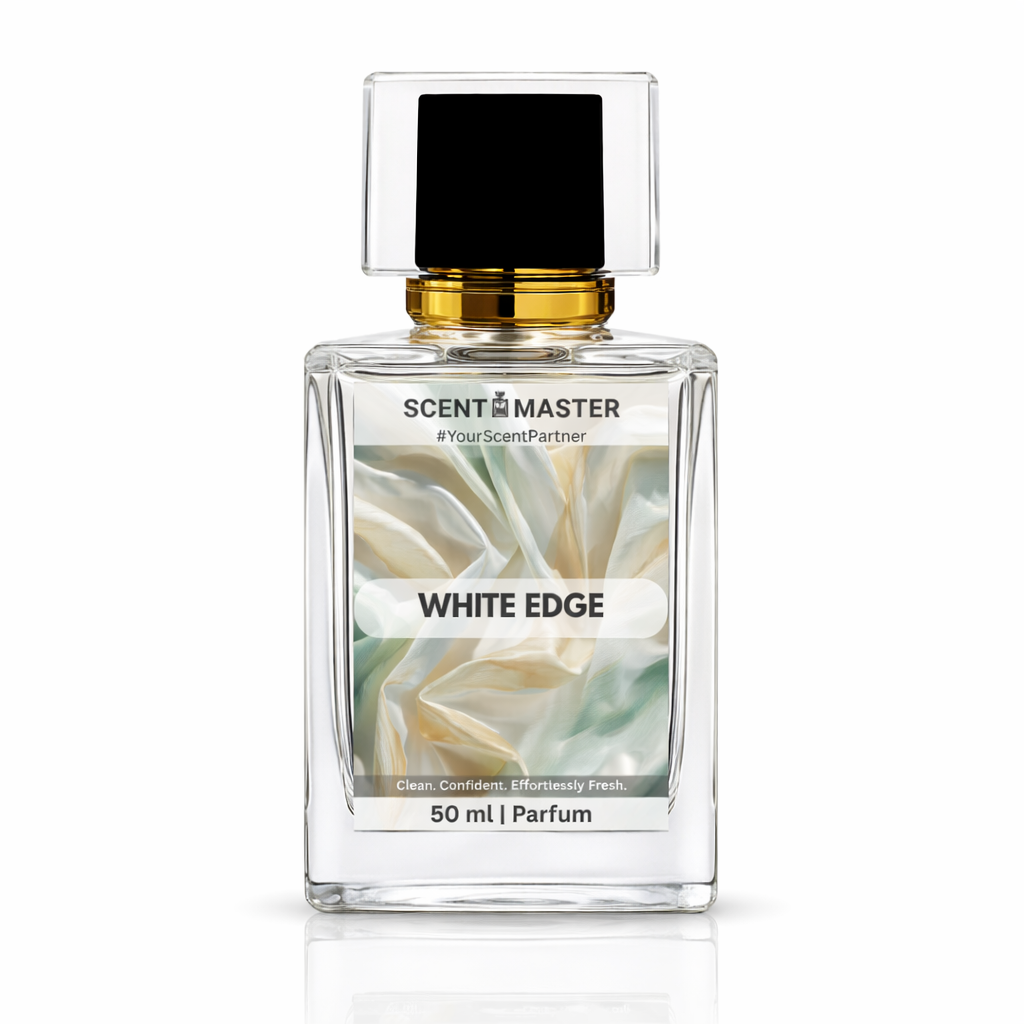 Perfume bottle labeled 'White Edge' by Scent Master on a white background