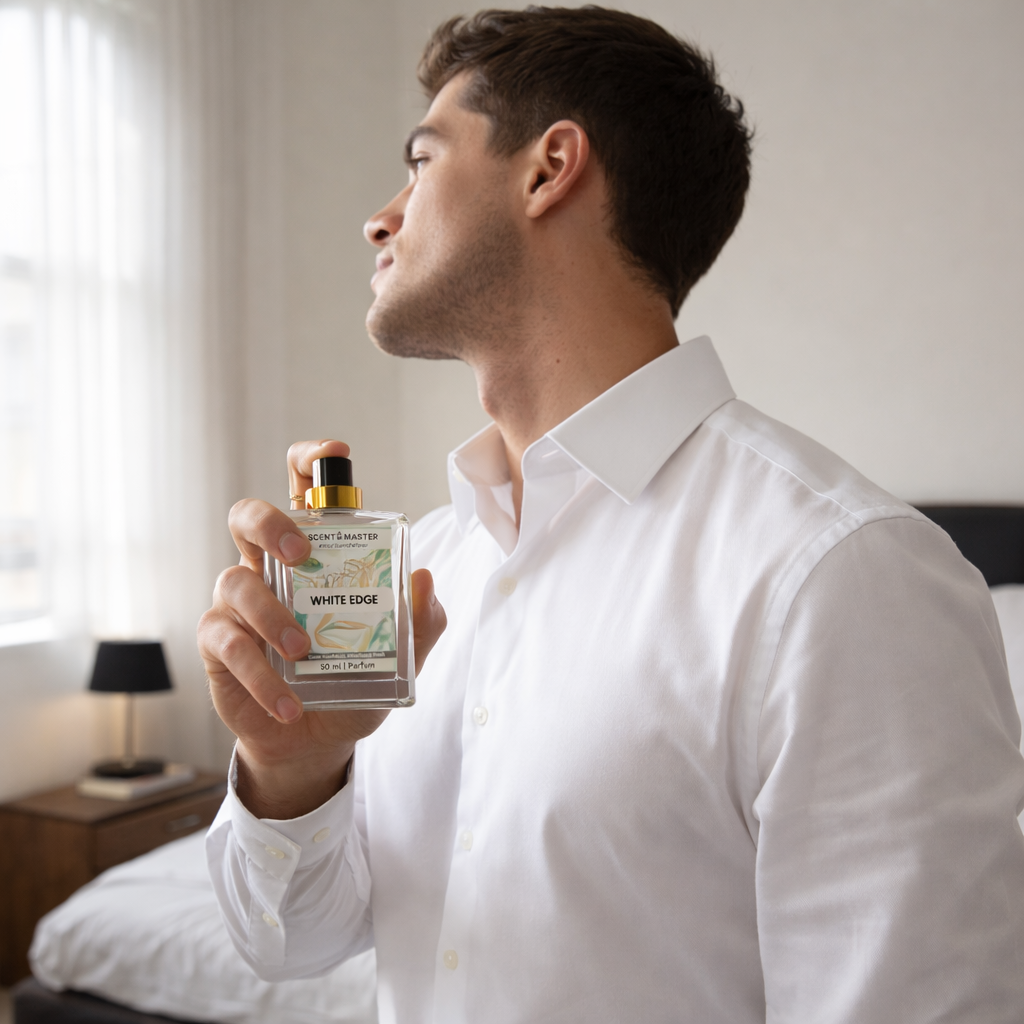 Man holding a perfume bottle 'White Edge' in a bedroom setting