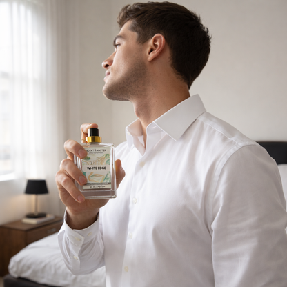 Man holding a perfume bottle 'White Edge' in a bedroom setting