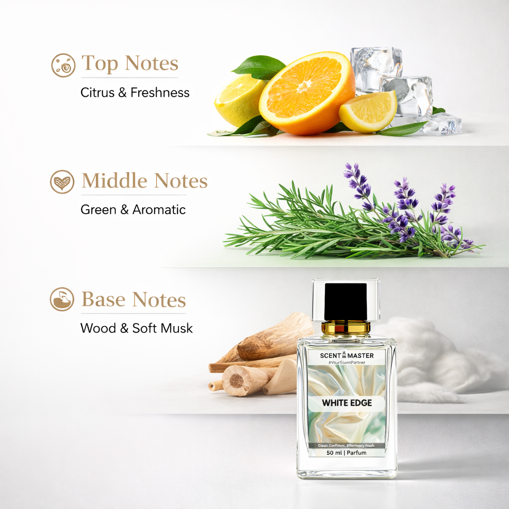 Perfume bottle labeled 'White Edge' with top, middle, and base notes description on a white background.