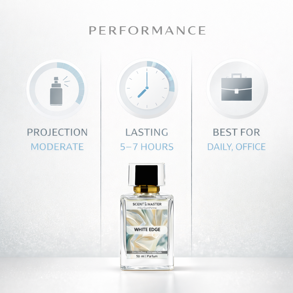 Perfume bottle with performance features on a white background