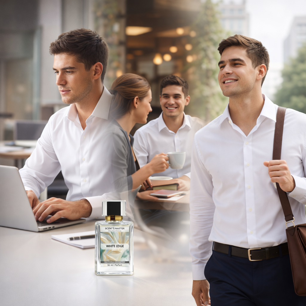 Man in a white shirt with a brown bag walking past a table with a laptop and a bottle of White Edge cologne.