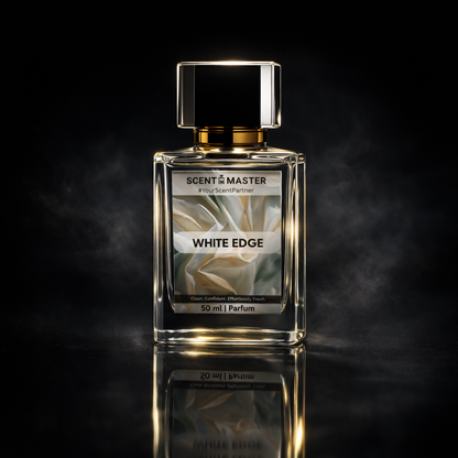 Perfume bottle labeled 'White Edge' by Scent of Master on a dark background
