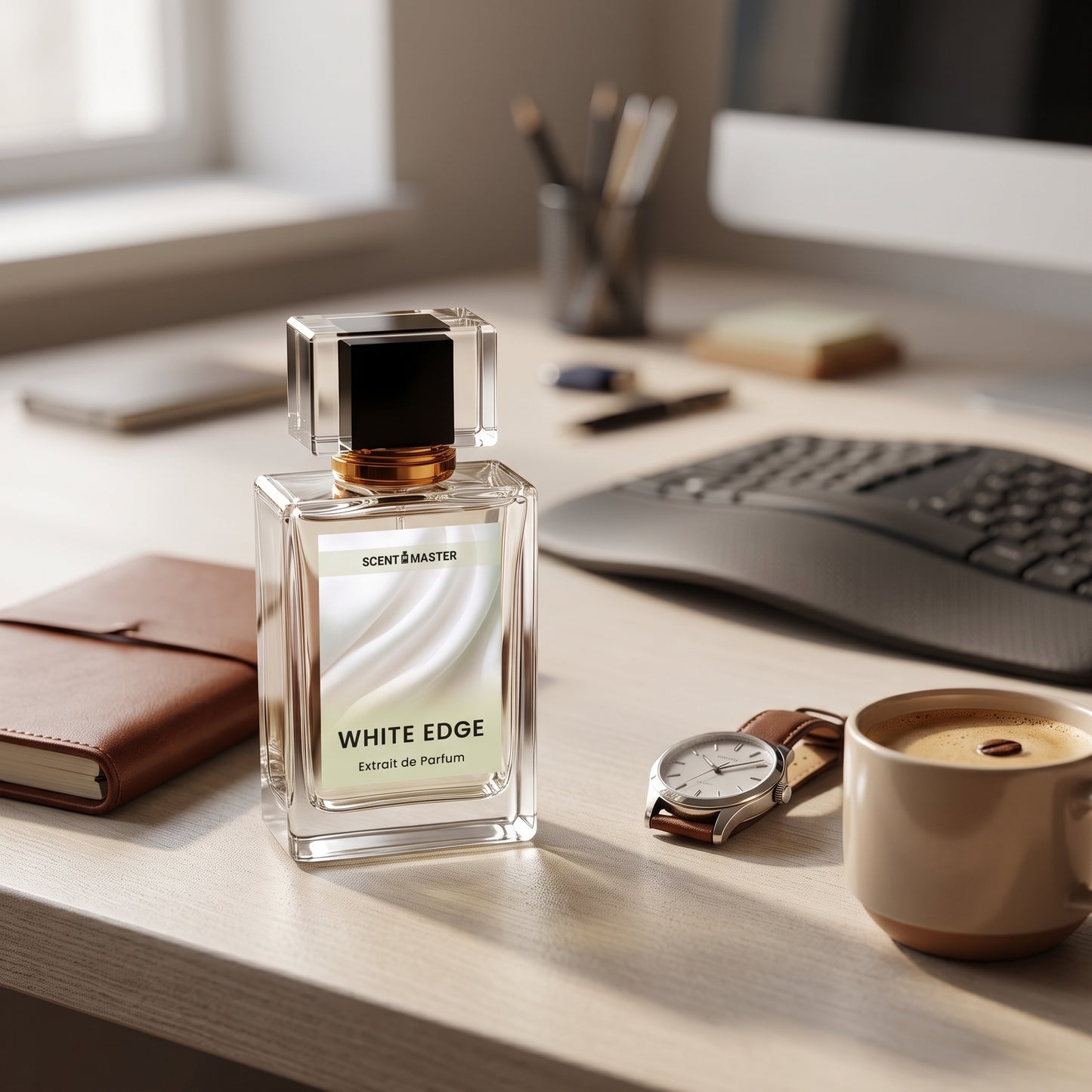 White Edge Fresh Woody Mens Perfume in a modern office setting