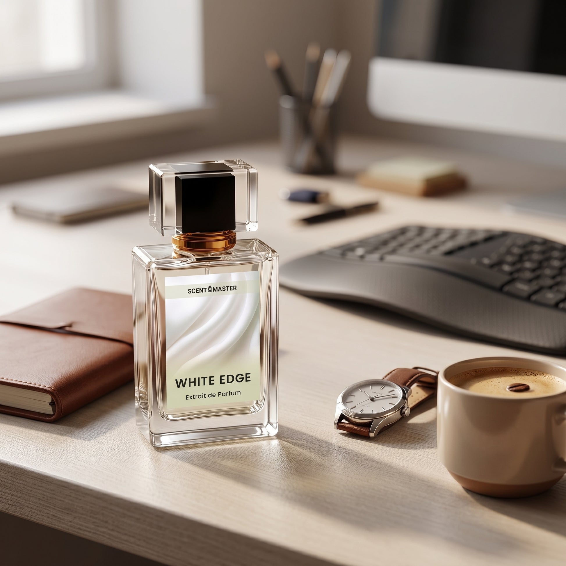 White Edge Fresh Woody Mens Perfume in a modern office setting