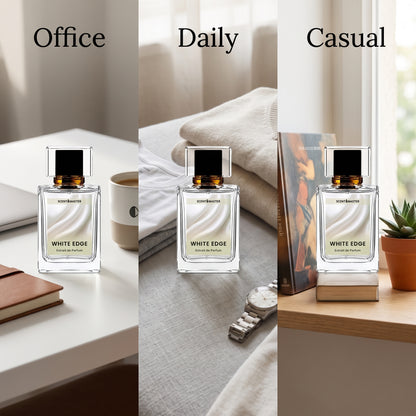 White Edge perfume shown across office, daily, and casual occasions