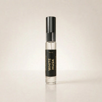 White Musk perfume 5ml bottle product render by Scent Master