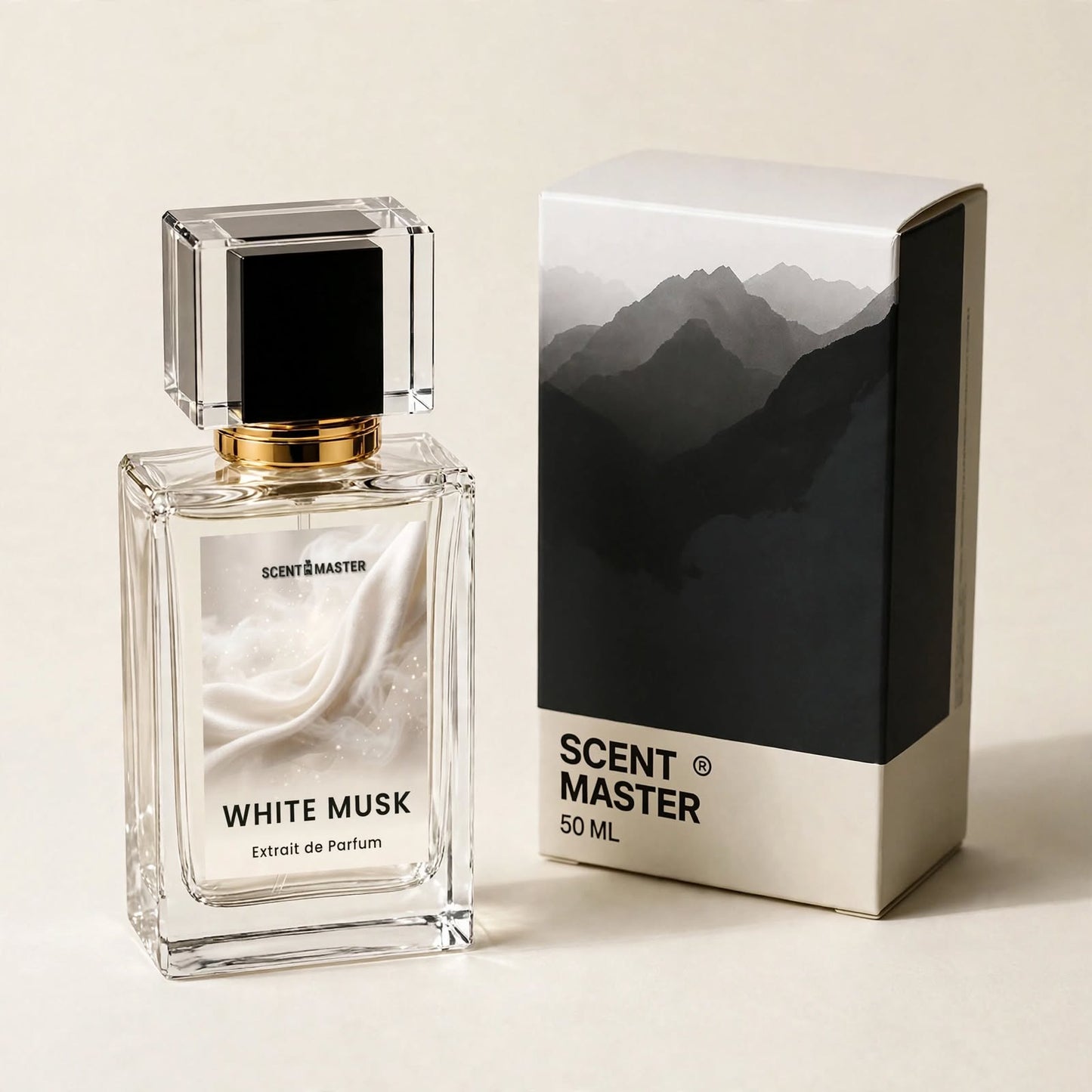 White Musk perfume bottle and packaging box by Scent Master