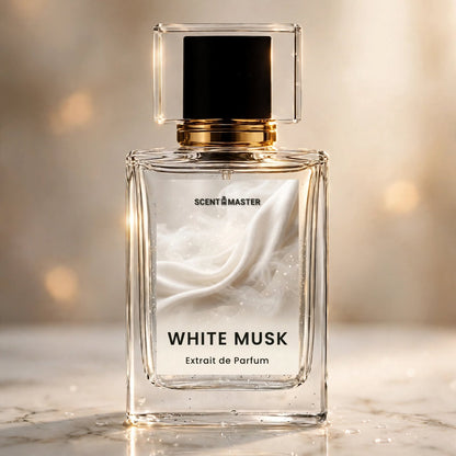 Cinematic close-up of the White Musk perfume bottle on pale marble
