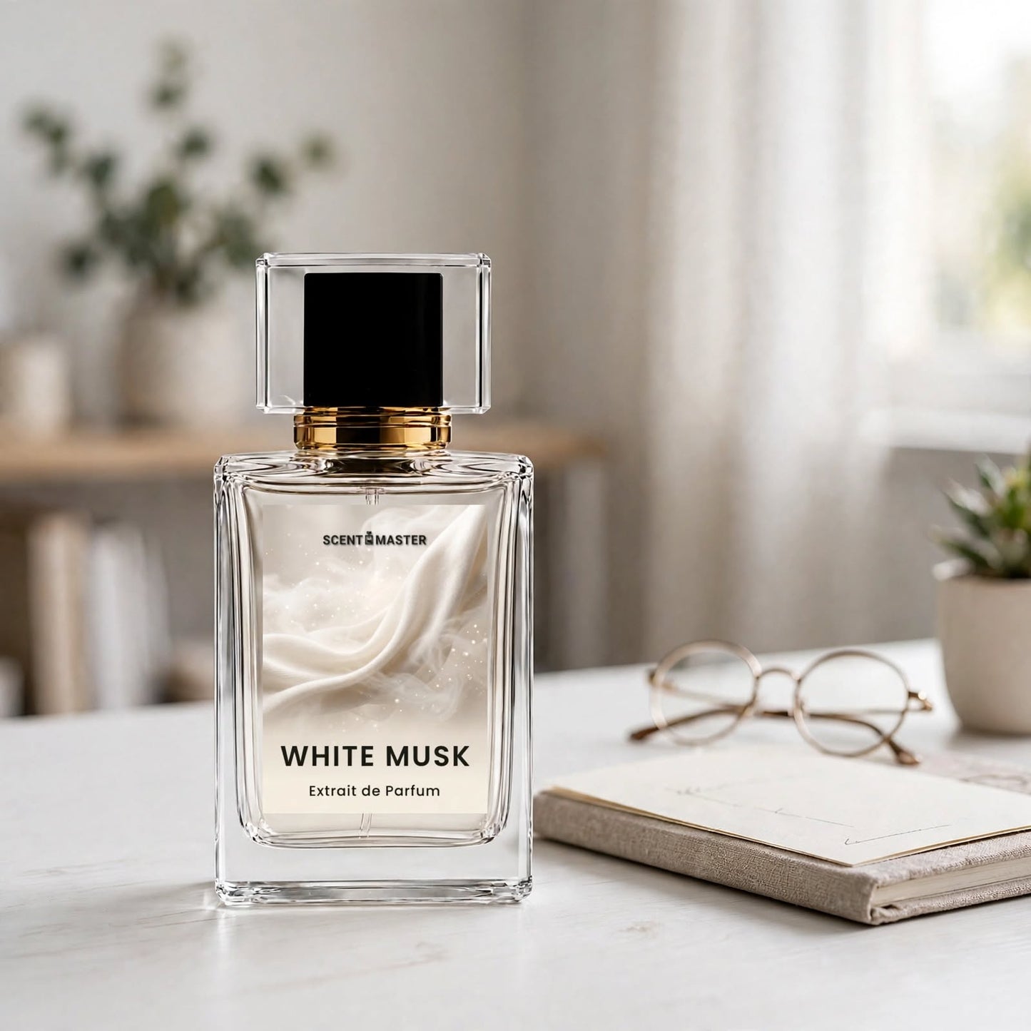 White Musk perfume bottle styled in a bright modern office setting