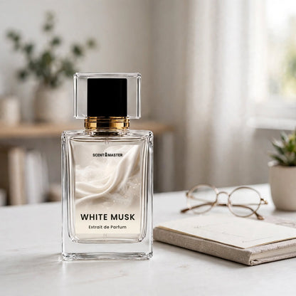 White Musk perfume bottle styled in a bright modern office setting