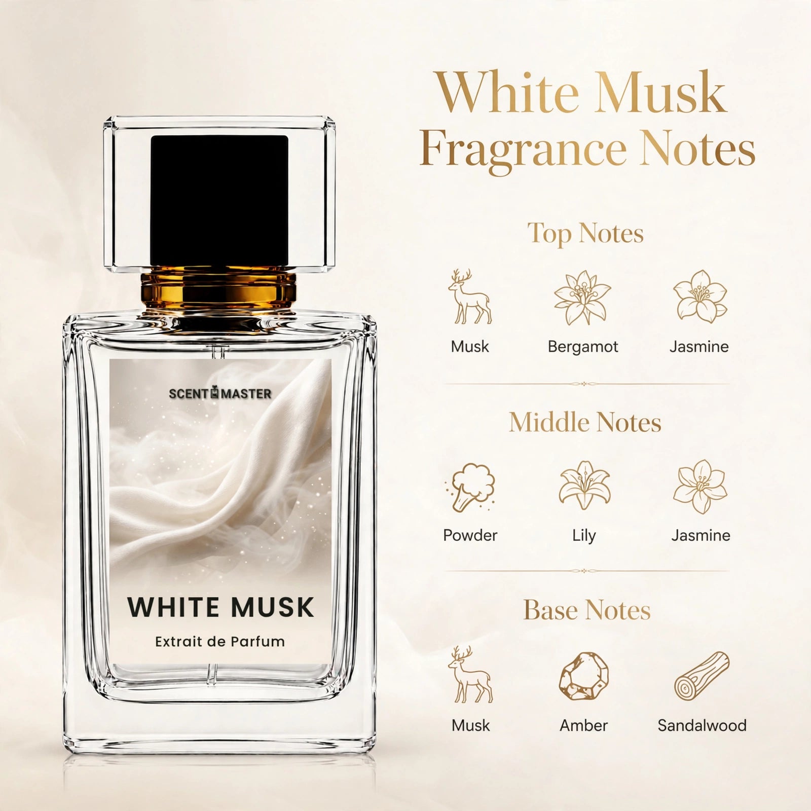White Musk fragrance notes infographic showing top, middle, and base notes