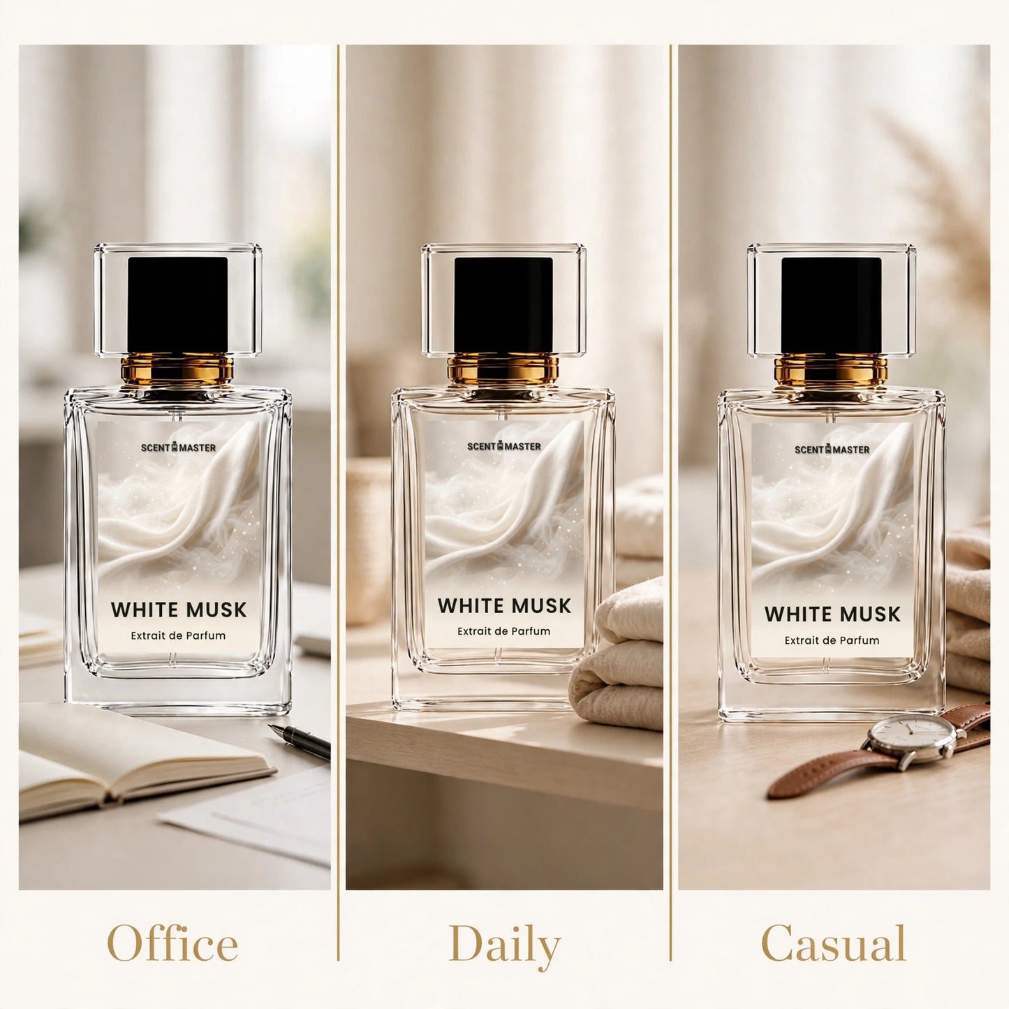 White Musk perfume styled across office, daily, and casual occasion panels