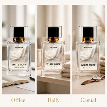 White Musk perfume styled across office, daily, and casual occasion panels