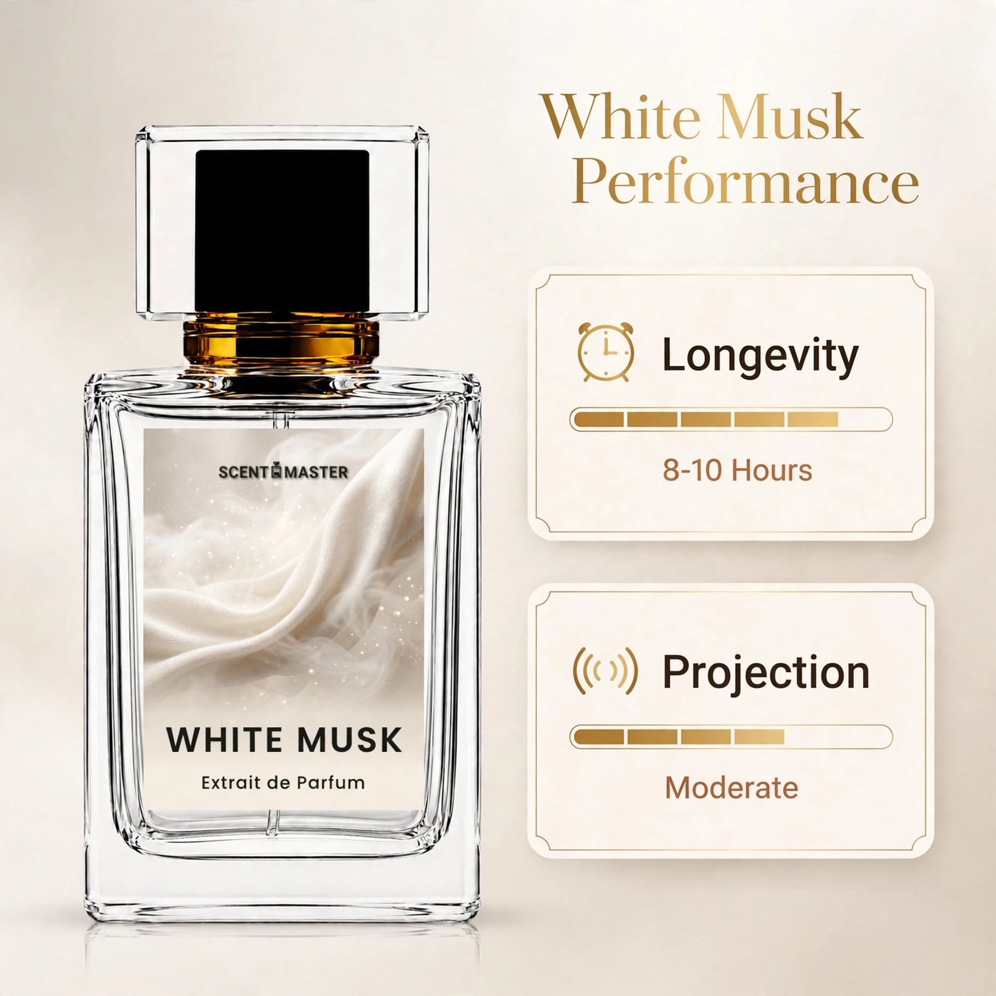 White Musk performance infographic showing longevity and projection levels