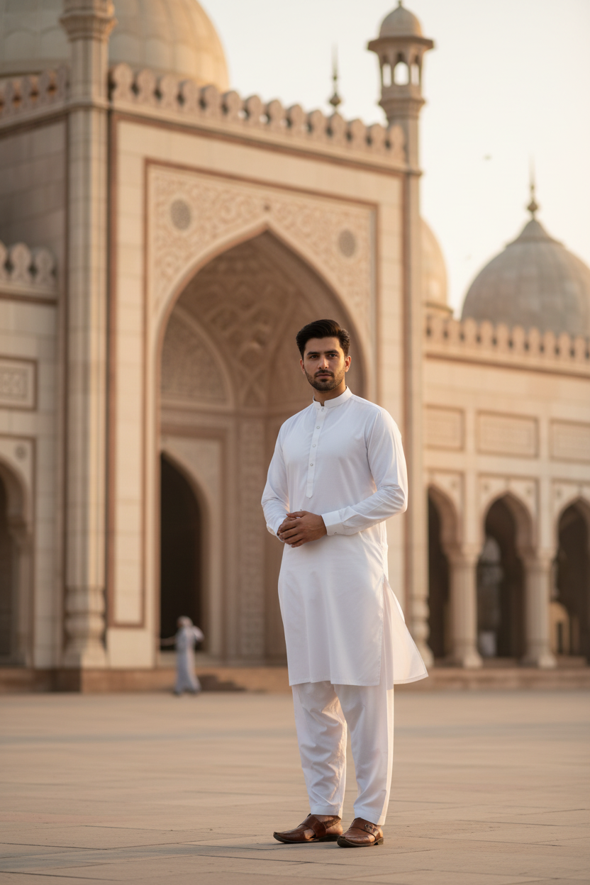 Pure White Cotton Suit for Men - Eid Celebration Mosque Setting