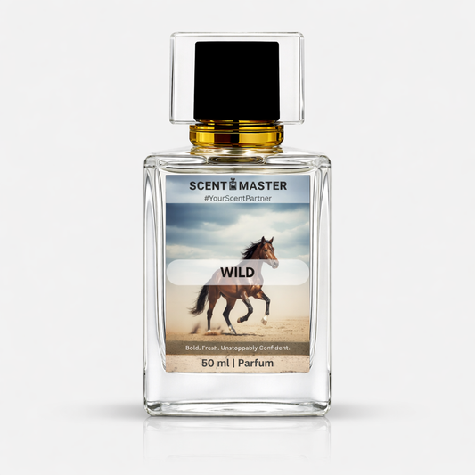 Perfume bottle labeled 'Scent Master Wild' with a horse on the label against a white background