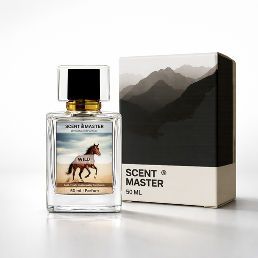 Scent Master perfume bottle 'Wild' and packaging with a horse label on a white background