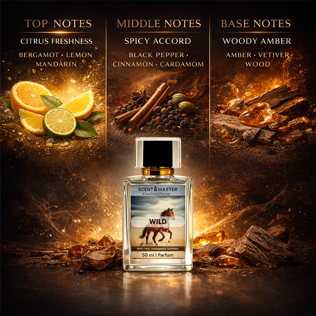 Perfume bottle labeled 'Scent Master Wild' with notes displayed on a dark background