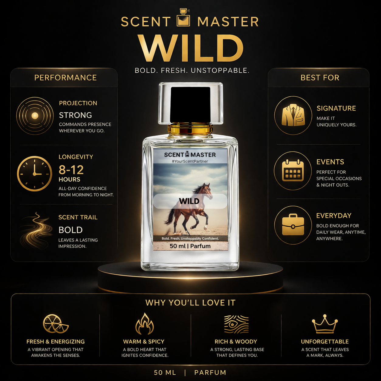 Perfume bottle labeled 'Scent Master Wild' with product details on a black background