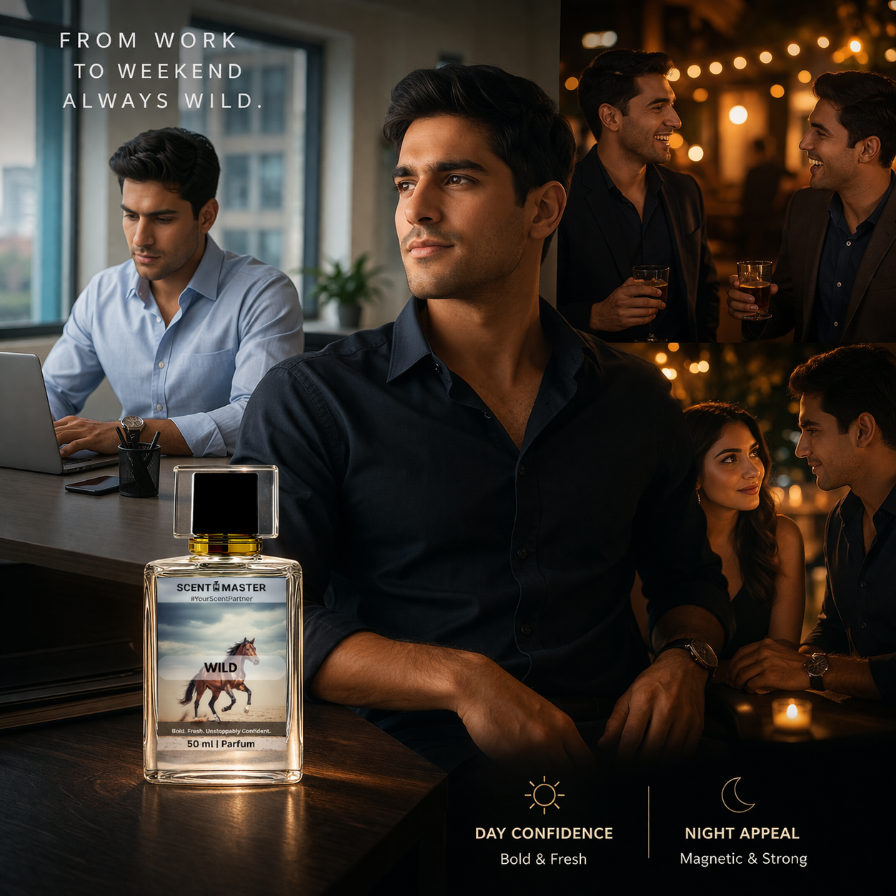 Man sitting at a bar with a bottle of Scent Master Wild perfume, surrounded by friends in a social setting.