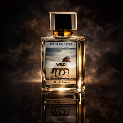 Perfume bottle labeled 'Scent Master Wild' with a horse image on a dark background
