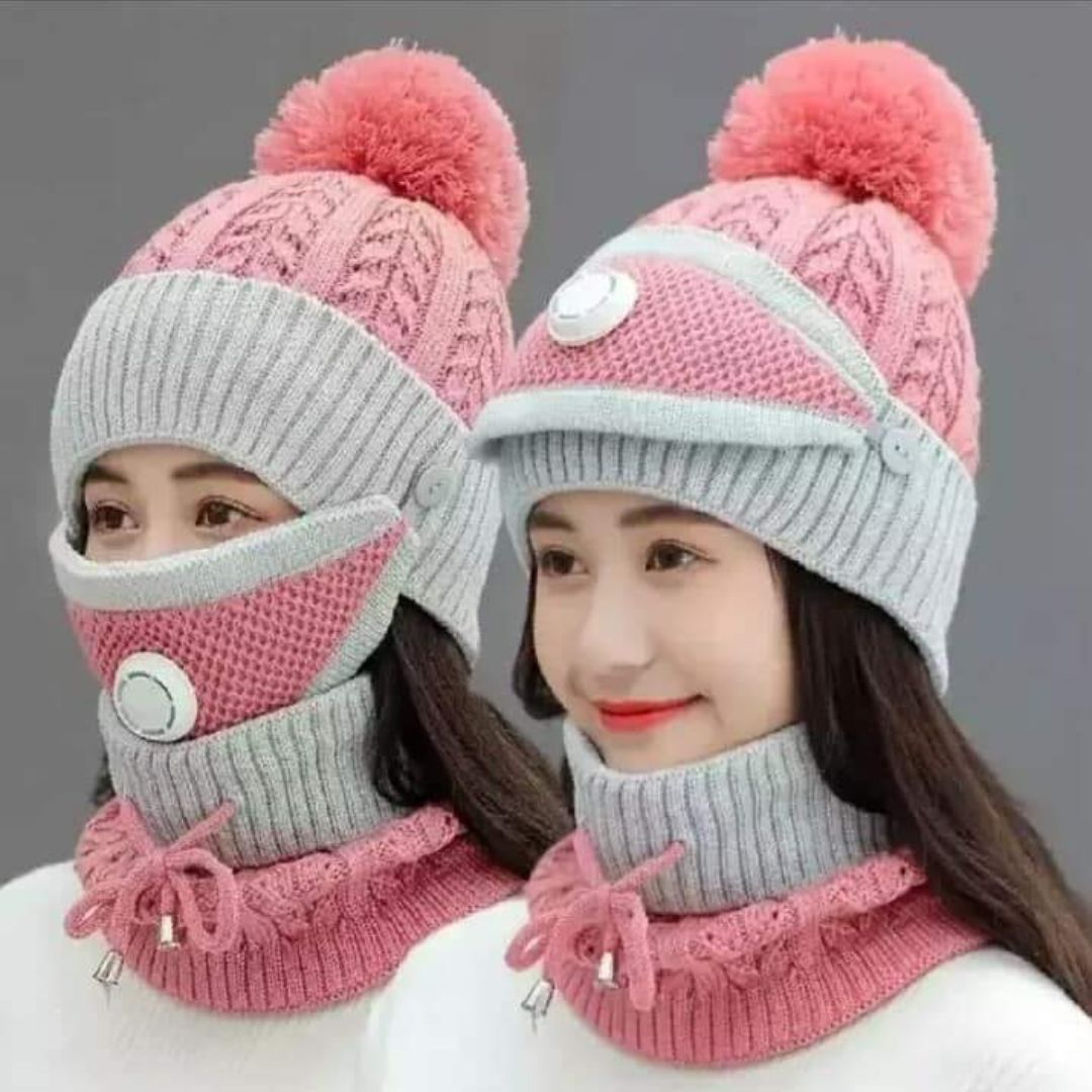 Stylish woman rocking a cozy knit beanie set from Comforter House - Winter fashion essentials in Pakistan! (https://comforterhouse.com)